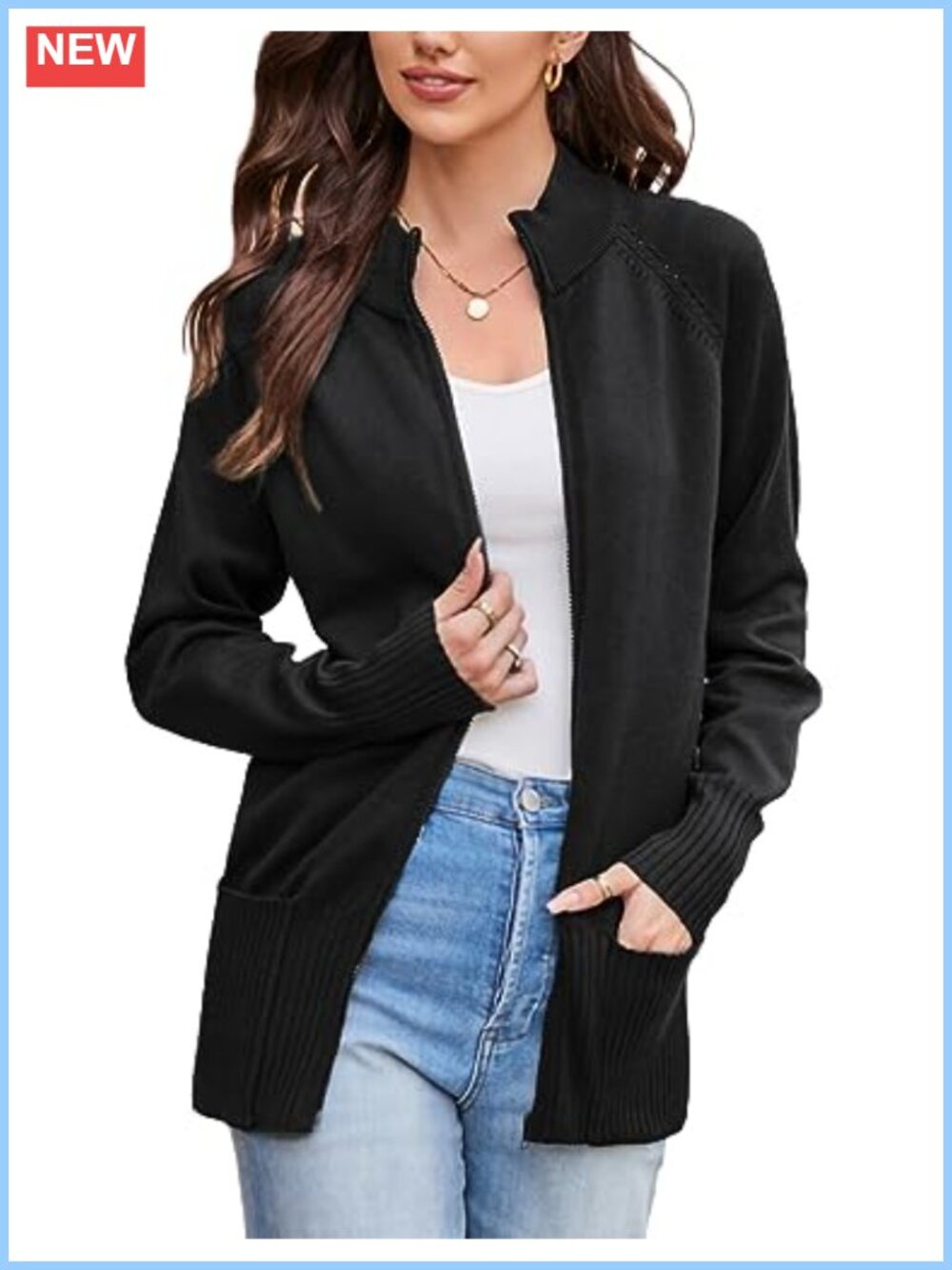 Women's Zip Up Knit Cardigan with Pockets Stand Collar Long Sleeve Sweater Coat